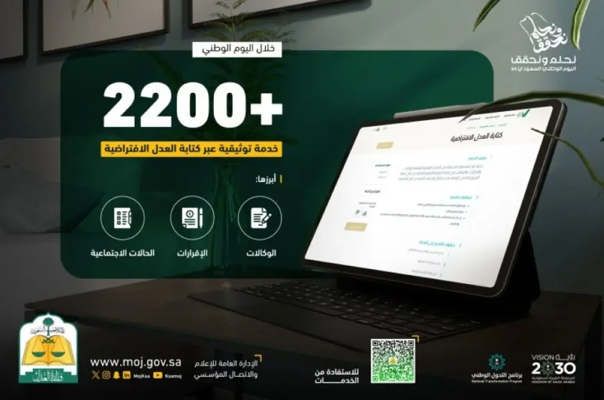 وزارة العدل: 2,200 خدمة توثيقية عبر كتابة العدل الافتراضية خلال اليوم الوطني