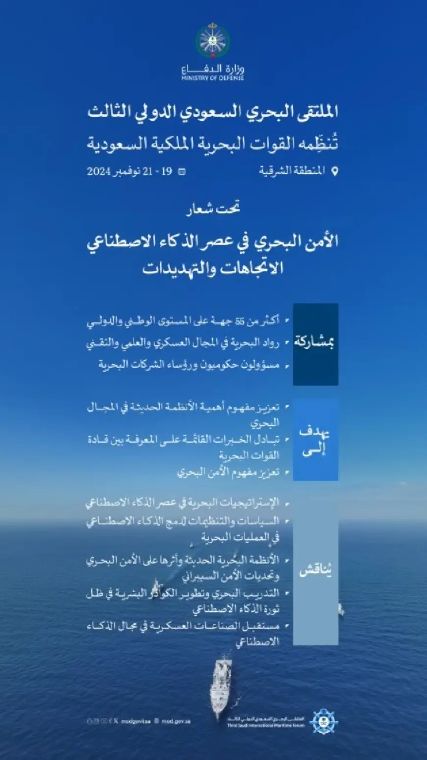 الملتقى البحري السعودي الدولي الثالث يناقش 5 محاور أساسية للأمن البحري في عصر الذكاء الاصطناعي