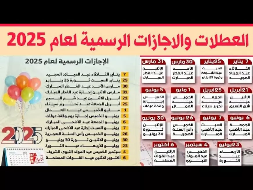 جدول الاجازات الرسمية 2025 بالتواريخ والمناسبات.. 18 يوم مدفوع الأجر لجميع العاملين بالدولة