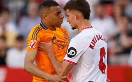 ريال مدريد يتغلب على 9 لاعبين من إشبيلية بهدفين من مبابي وبيلينغهام