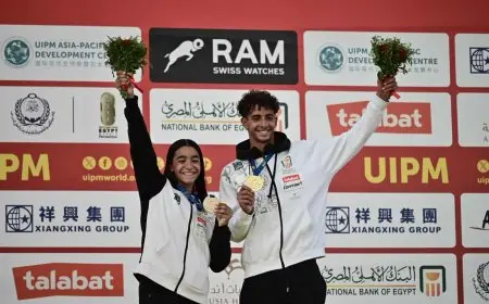 “ملك إسماعيل ومحمد حسن يحصدان ذهبية المختلط للناشئين في بطولة العالم للتتابعات للخماسي الحديث”