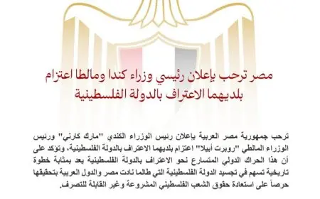 مصر تُعبر عن ترحيبها بإعلان رئيسي وزراء كندا ومالطا عن اعتزامهما الاعتراف بدولة فلسطين